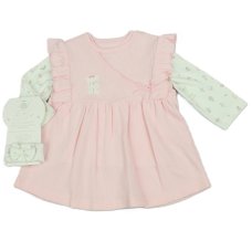 N14756: Baby Girls Waffle Fabric Pinafore, Top & Headband Outfit (0-9 Months)